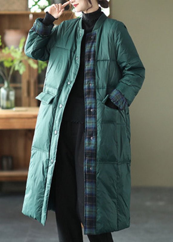 Luxury Green Stand Collar Button Pockets Patchwork Winter Down Coat CK2461- Fabulory