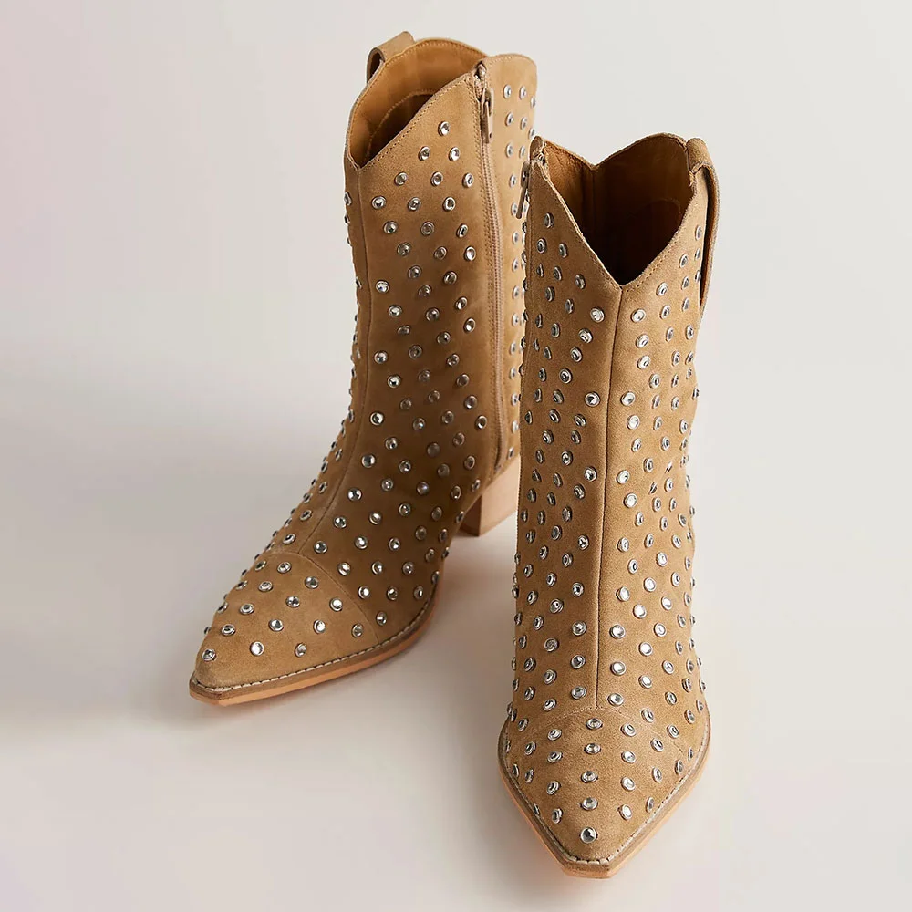 Tan Vegan Suede Pointed Toe Chunky Heel Rhinestone Cowgirl Boots