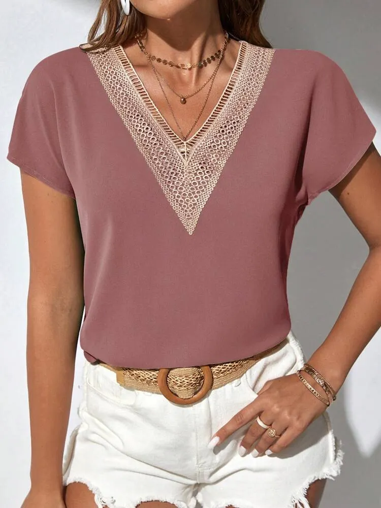 Guipure Lace Panel Batwing Sleeve Blouse