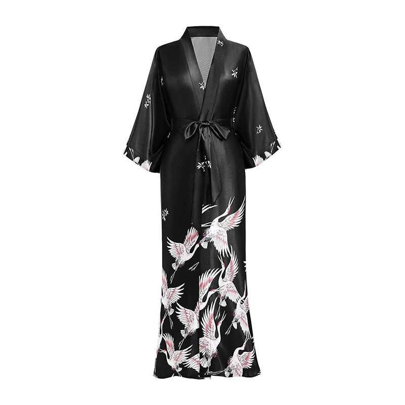 19 Momme Robe kimono longue en soie à motif grue pour femme- SOIE PLUS
