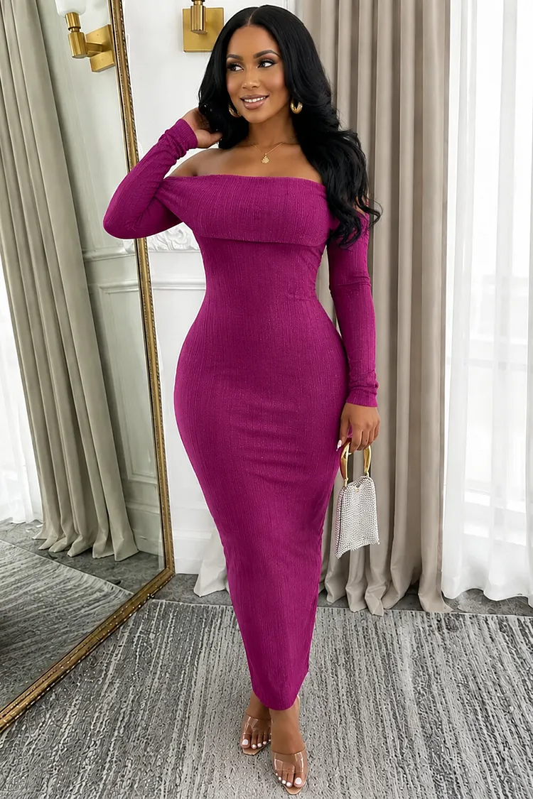 fuchsia bodycon dress Loragal Ribbed Knit Off Shoulder Long Sleeve Gowns Maxi Dresses-Fuchsia Fuchsia-S 100% Polyester Imported Model