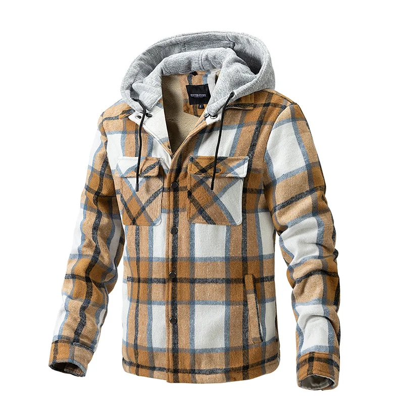 Men's Plaid Jacket Woolen Thickened Hooded Jacket