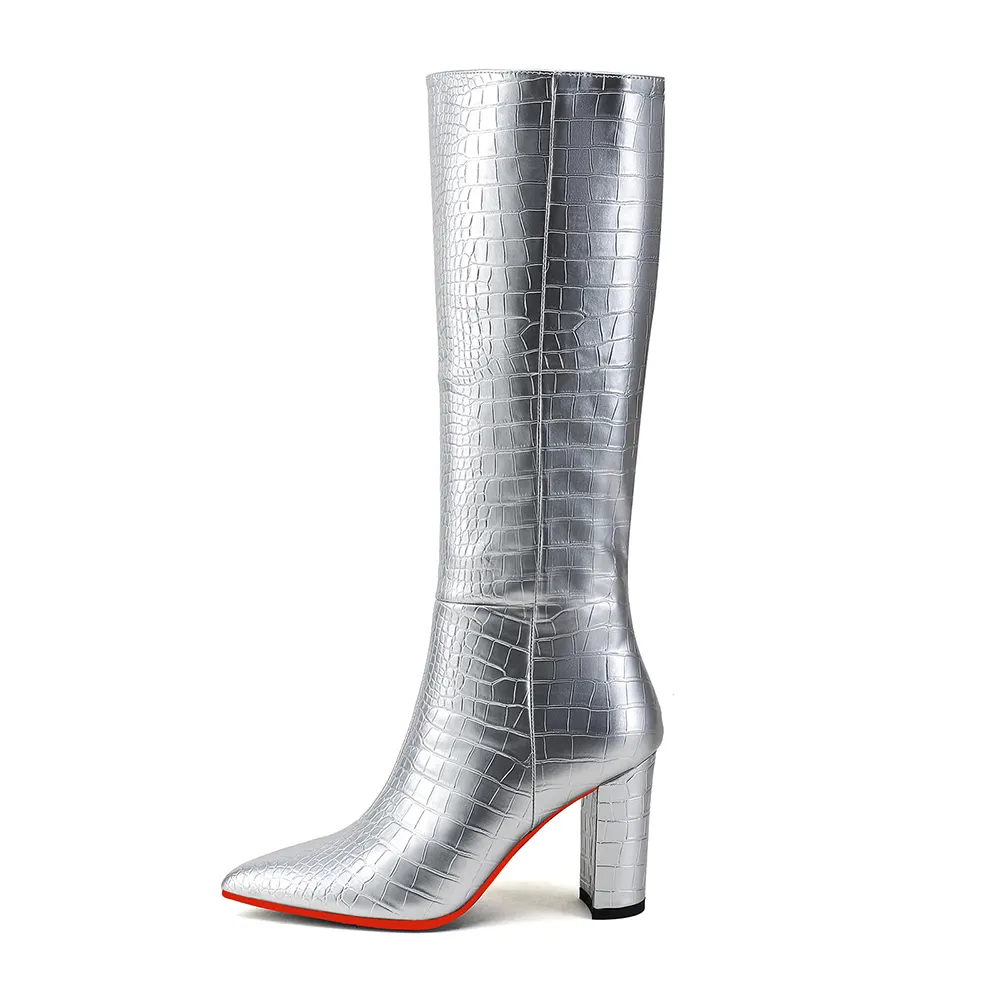 95mm/3.75 inch Women's Knee High Boots Thick Faux Alligator Boots Thick Heel Pointed Toe Red Bottom Boots