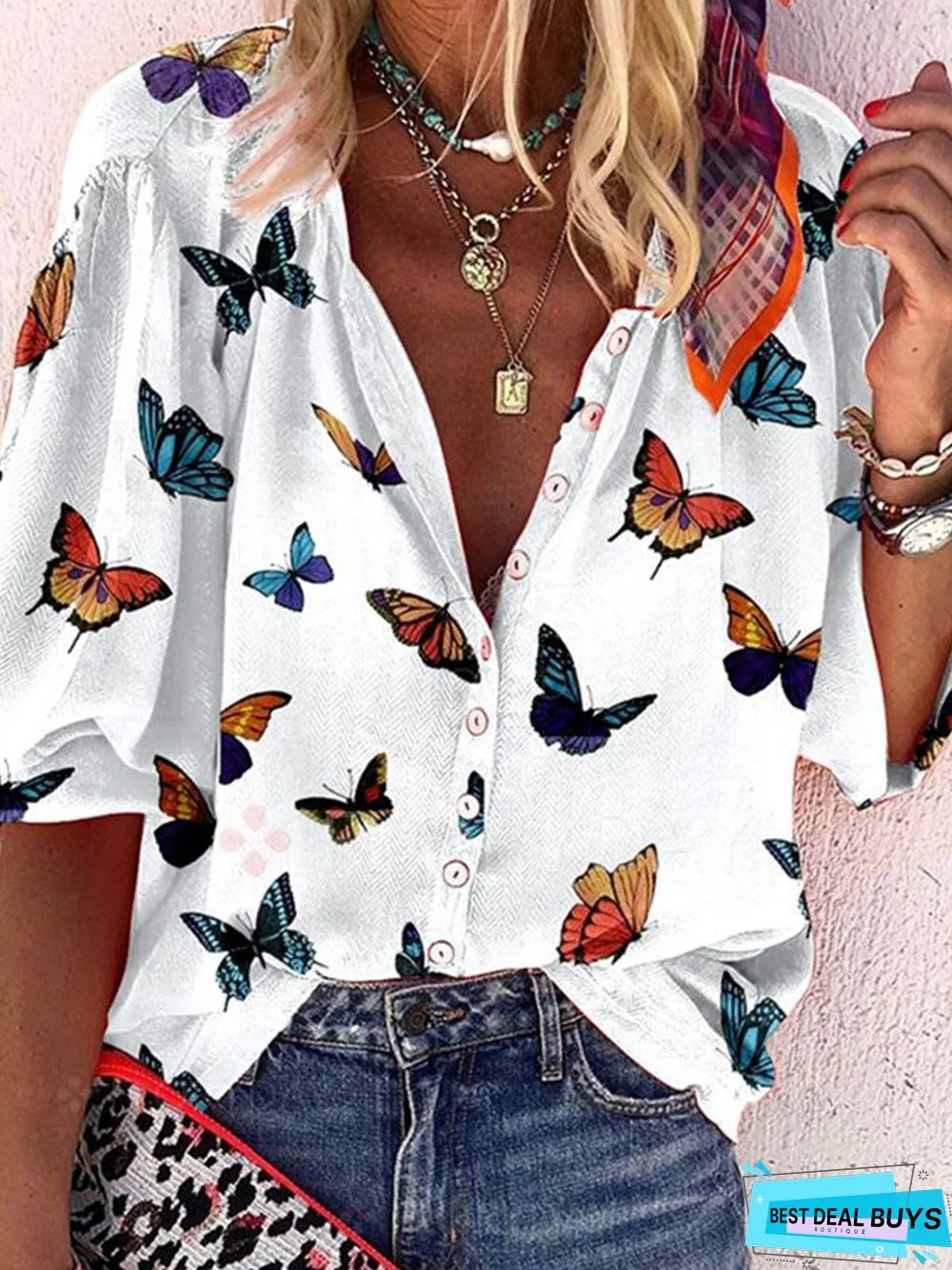 White Daily Casual Butterfly Printed Shift Cartoon Shirt Collar Shift Blouse