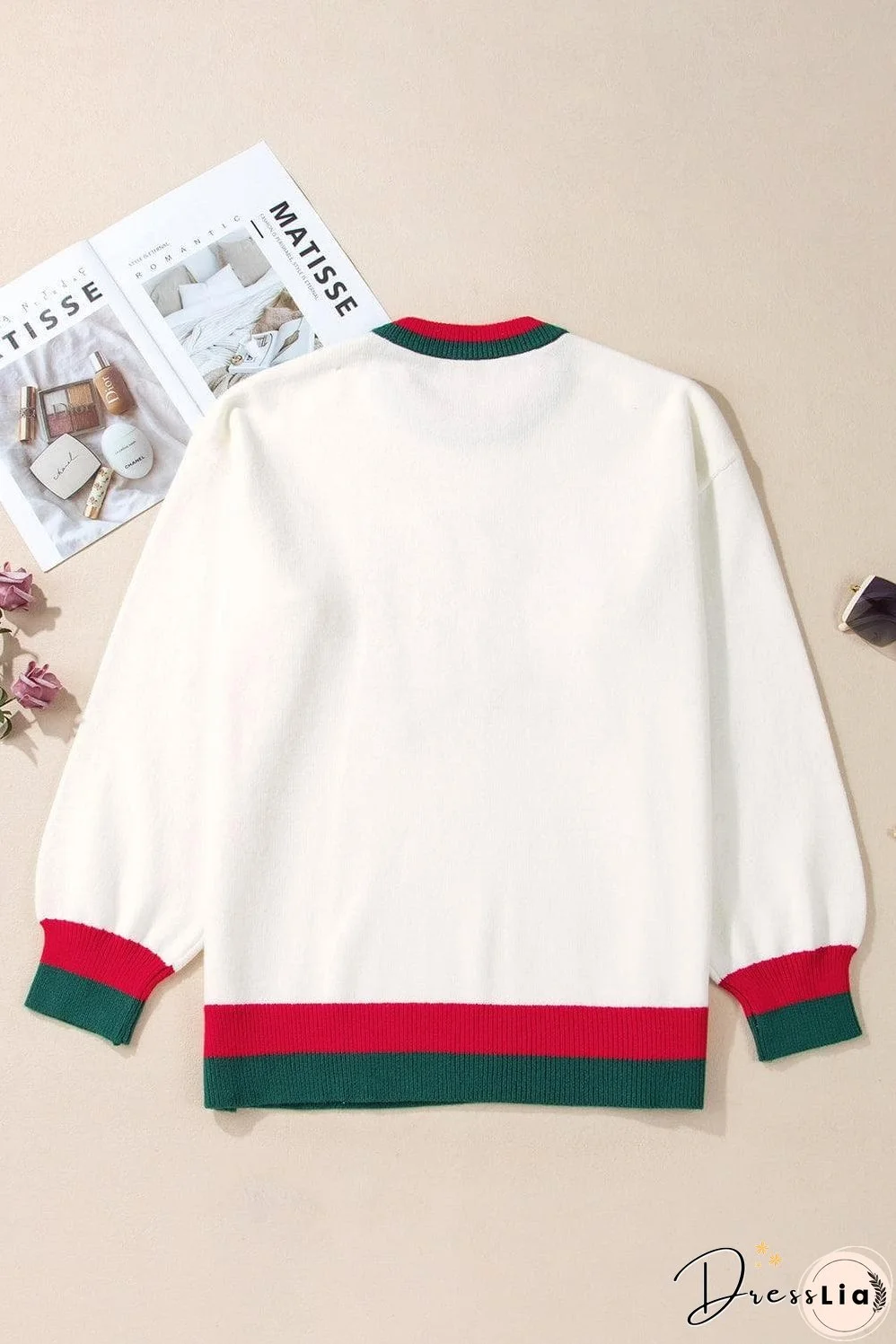 White Tinsel holly jolly Pattern Colorblock Edge Drop Shoulder Plus Size Sweater