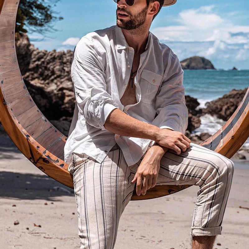 Mens Cotton And Linen Beach Casual Shirt
