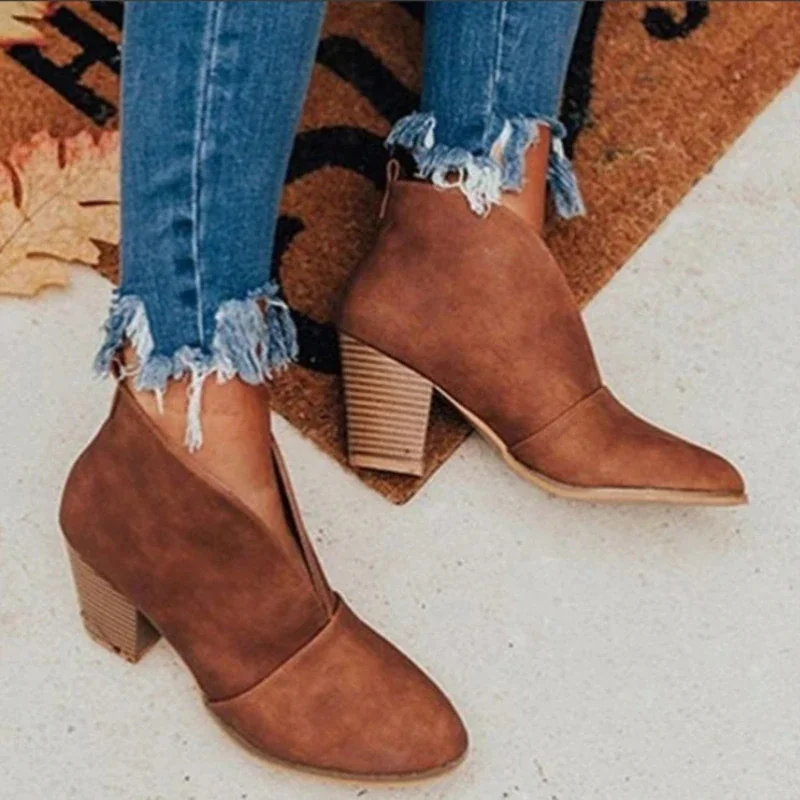 Qengg New Women's Martin Boots Fashion Chunky Heel Shallow Mouth Solid Ankle Boots Casual Comfort Vintage Chelsea Boots Bota De Salto