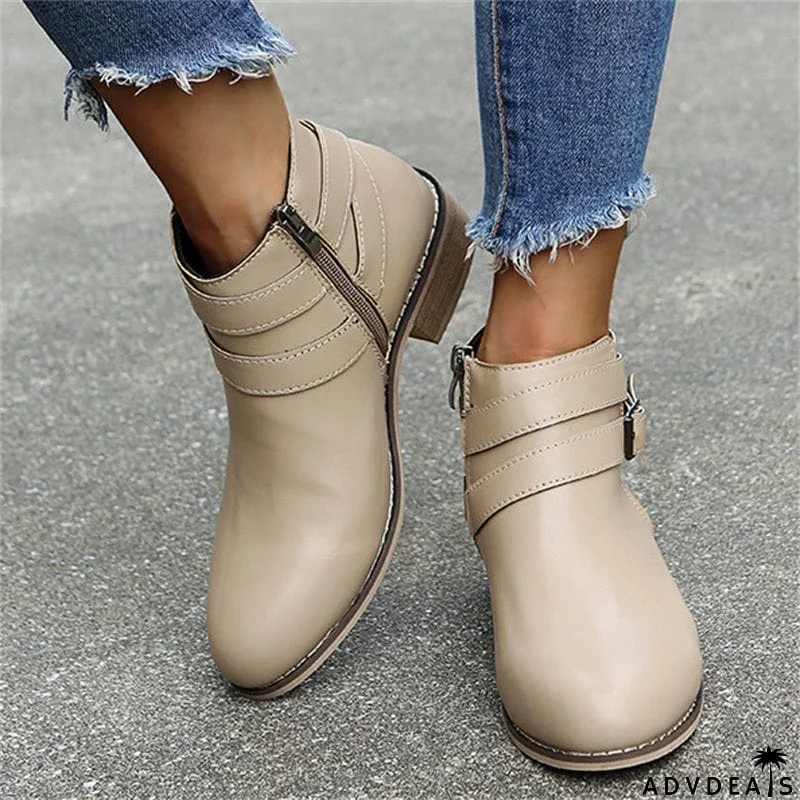 British Style Side Zipper Chunky Heels Metal Buckle Ankle Boots