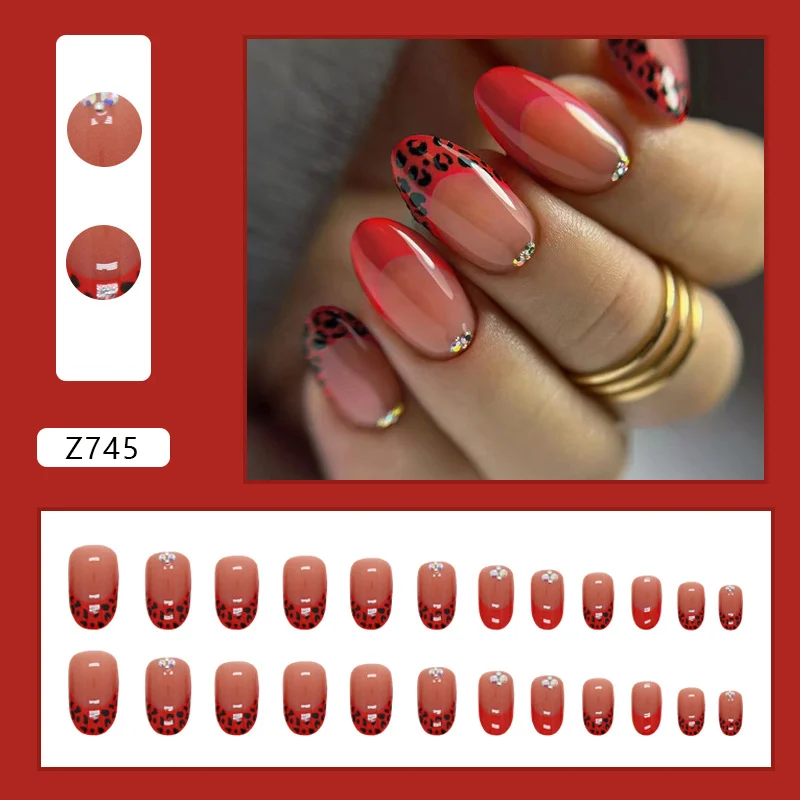 Churchf Churchf And Charming Red Round Head Leopard Print French Nail Simple Broken Diamond Wearable Beauty Nail Ins Wind Nail