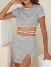 Shiny Short Sleeve Solid Color Two-Piece Skirt Suit