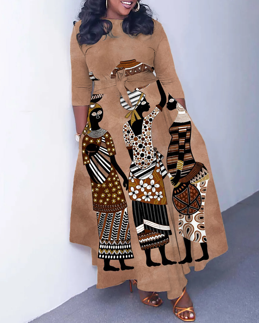 Tribal Working Women Long Sleeve Pockets Maxi Dress
