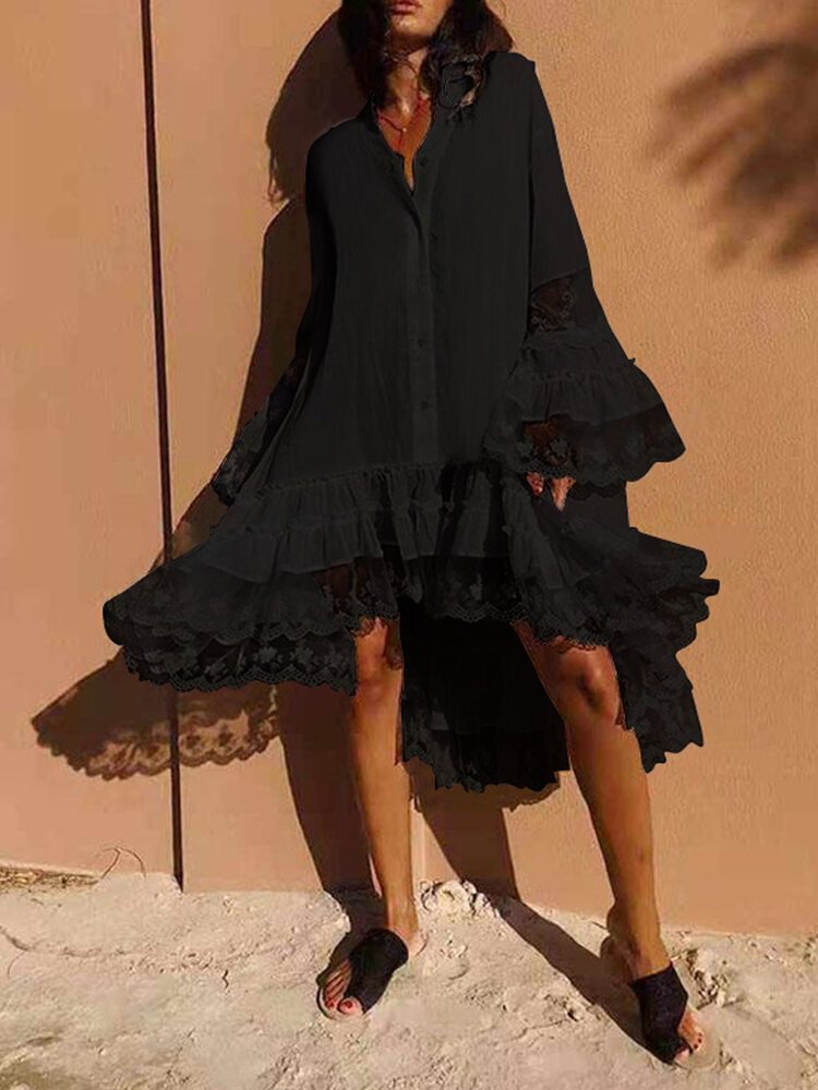 Solid Color Lace Irregular Hem Button Midi Dress - Shop Trendy Women's Clothing | LoverChic