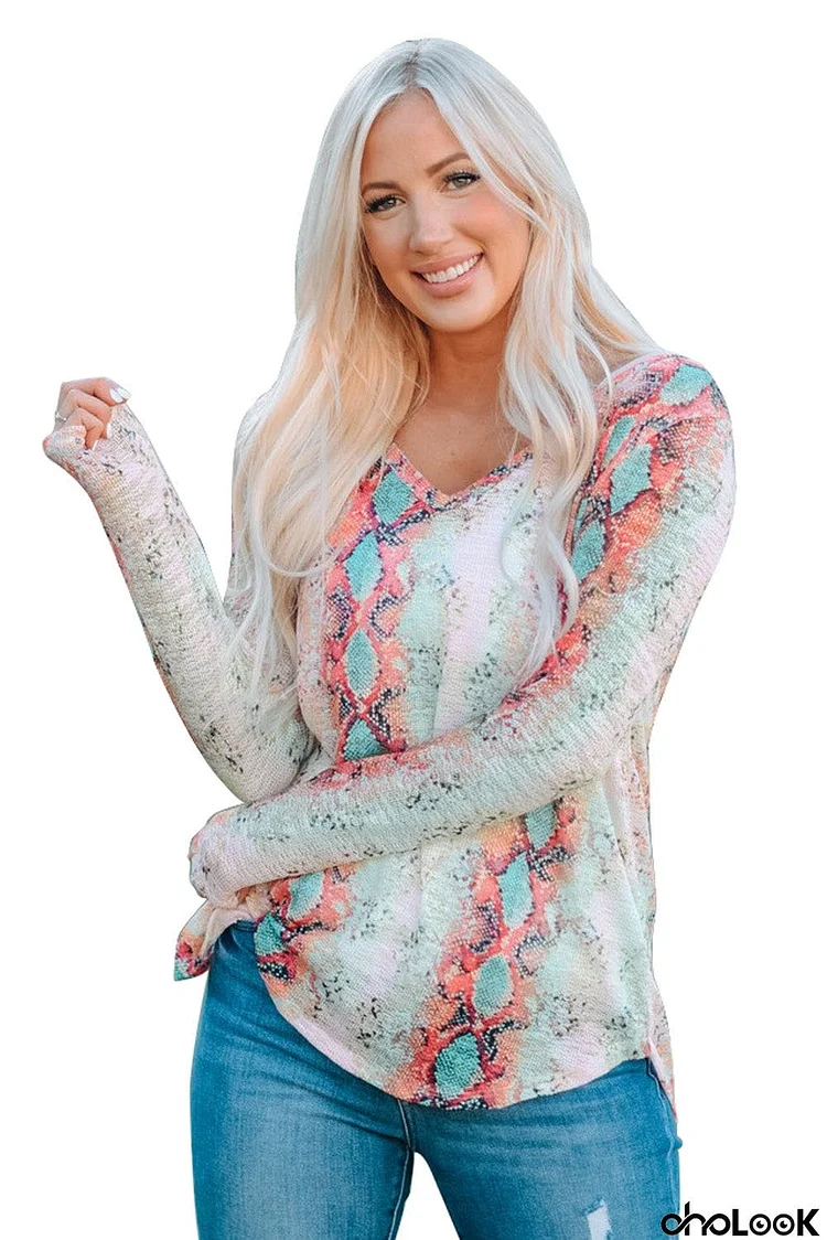 Snakeskin Print V Neck Long Sleeve Top