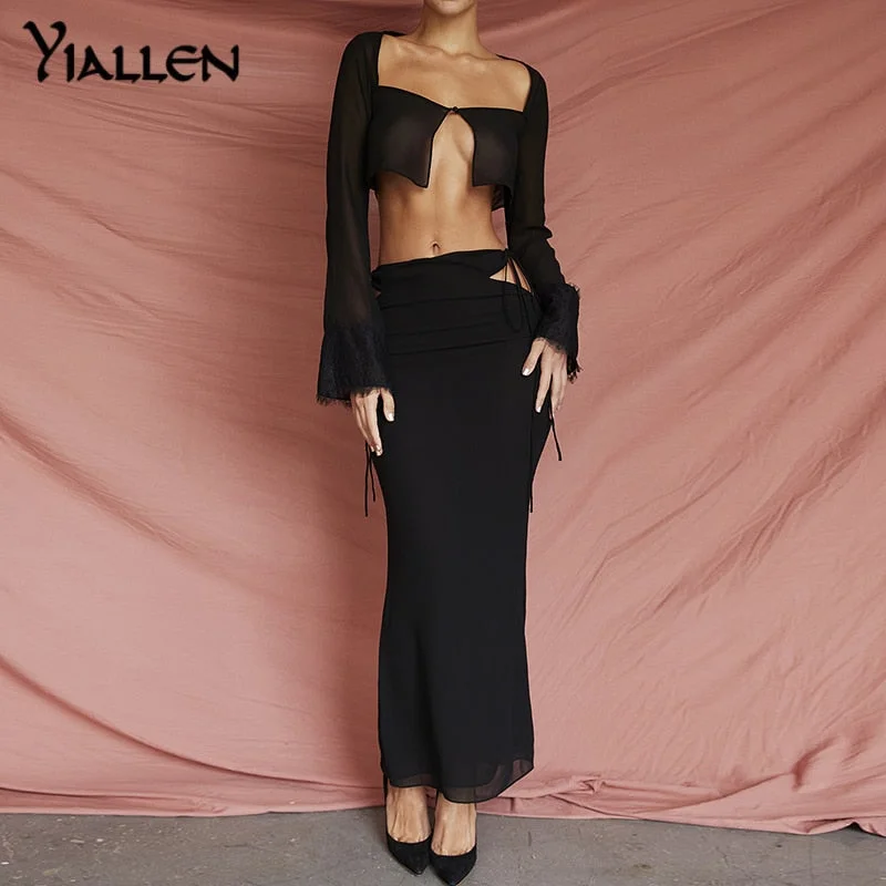 Yiallen Fall Two Piece Set Women 2022 New Clothing Long Sleeve Crop Tops And Bodycon Maxi Dress Elegant Solid Color Dress Suit
