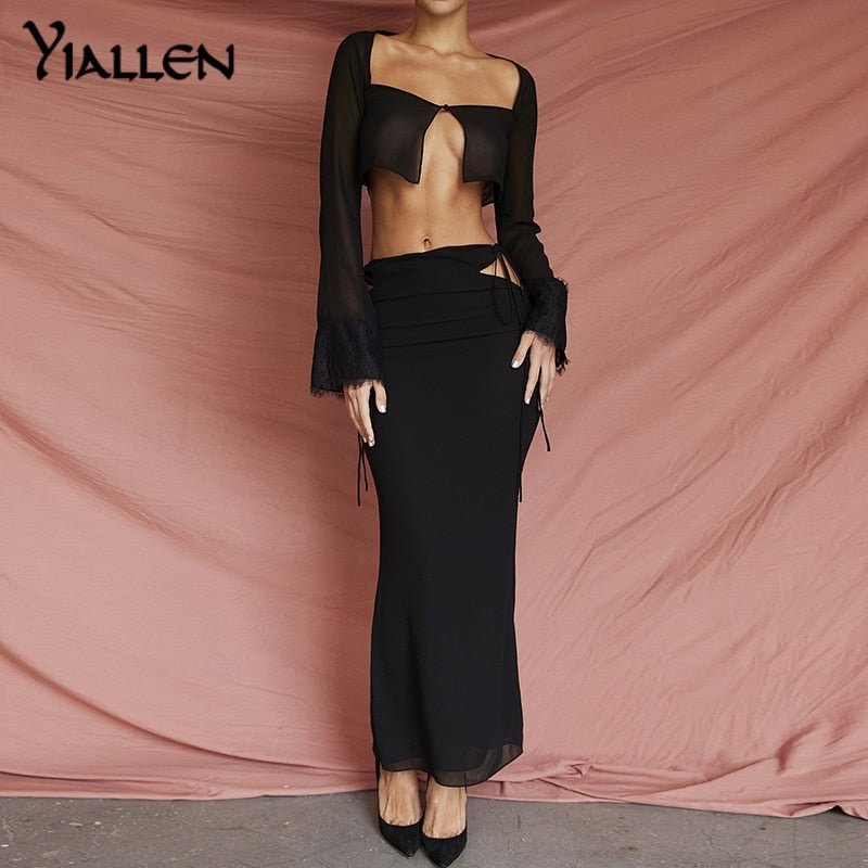 Yiallen Fall Two Piece Set Women 2022 New Clothing Long Sleeve Crop Tops And Bodycon Maxi Dress Elegant Solid Color Dress Suit