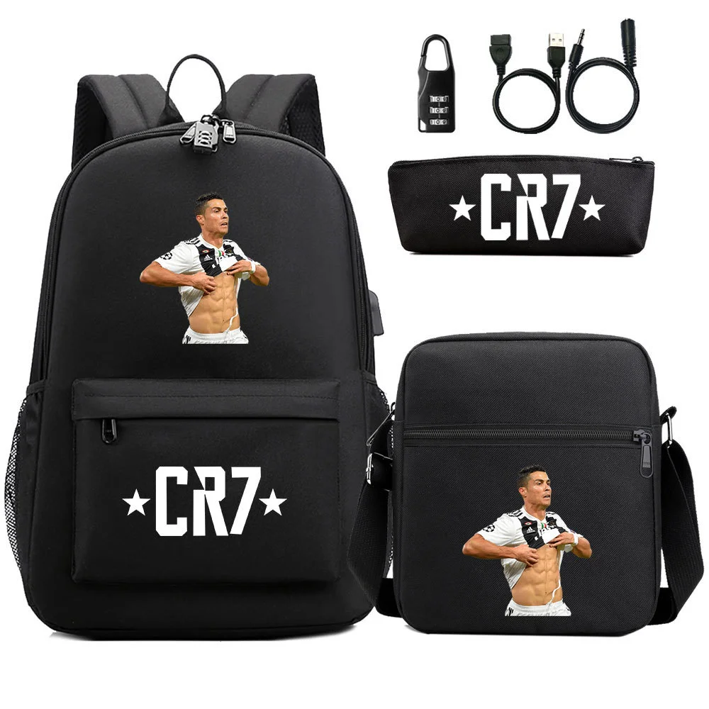 Buzzdaisy Cristiano Ronaldo-themed School Bag Set with USB Charging and Password Lock Function