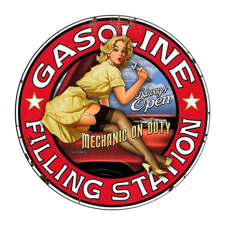 Gasoline Filling Station - Round Vintage Tin Signs/Wooden Signs - 11.8x11.8in