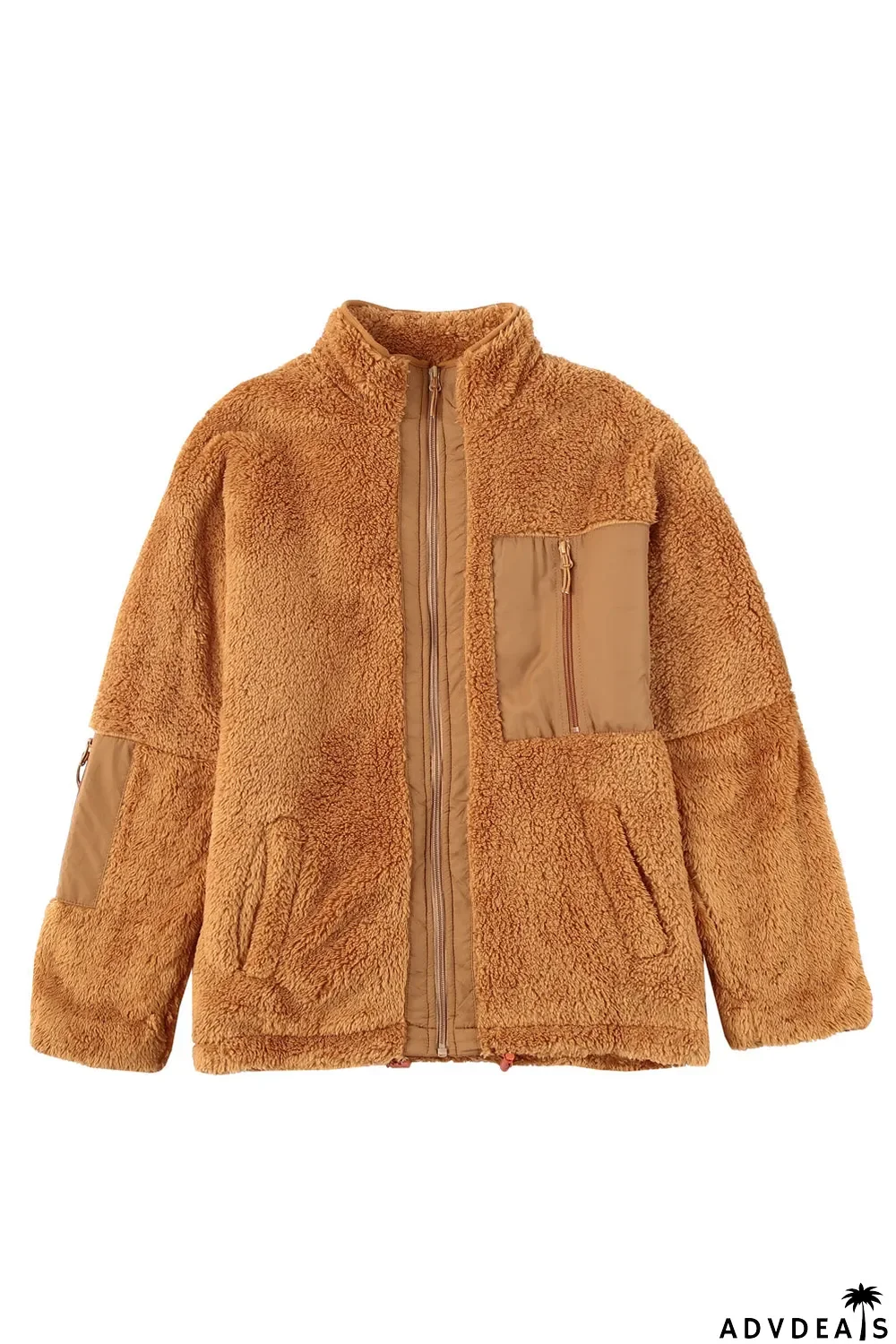 Zip Up Sherpa Coat With Pocket