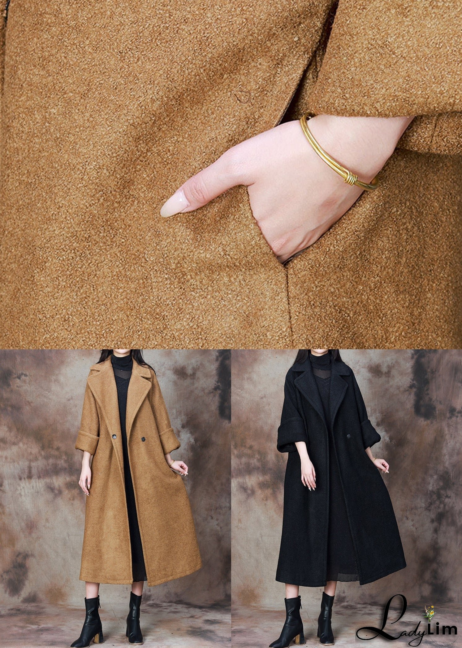 French Camel Notched Button Woolen Long Coat Winter