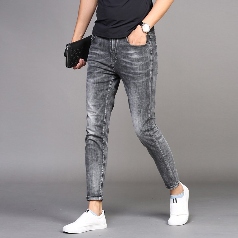 Dekziv fall 2025 fashion men Men Jeans Summer Casual Stretch Slim Fit Ankle-Length Pants Fashion Korean Style Thin Cotton Grey Denim Trousers