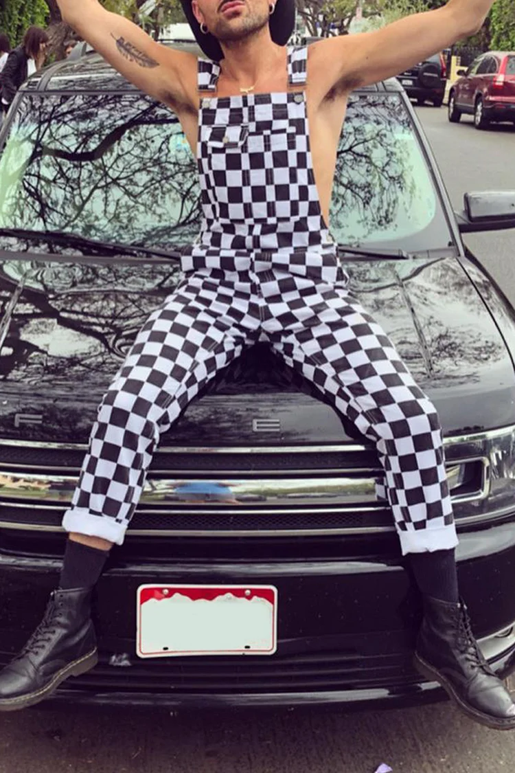 Checkerboard Print Casual Black And White Overalls Jumpsuit [Pre-Order]