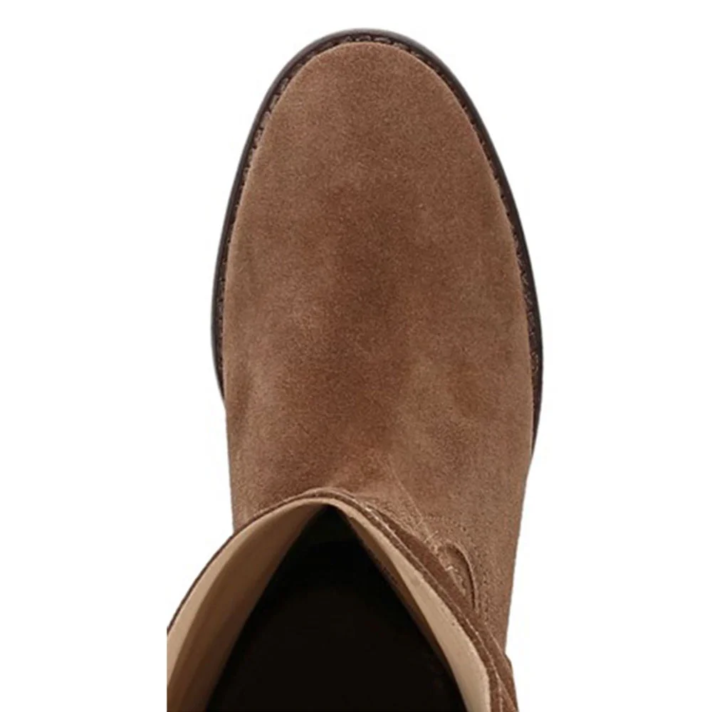 Brown Vegan Suede Round Toe Pull-On Flat Western Boots for Women