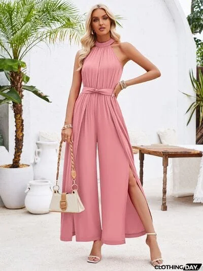 Ruched Slit Tied Sleeveless Jumpsuit