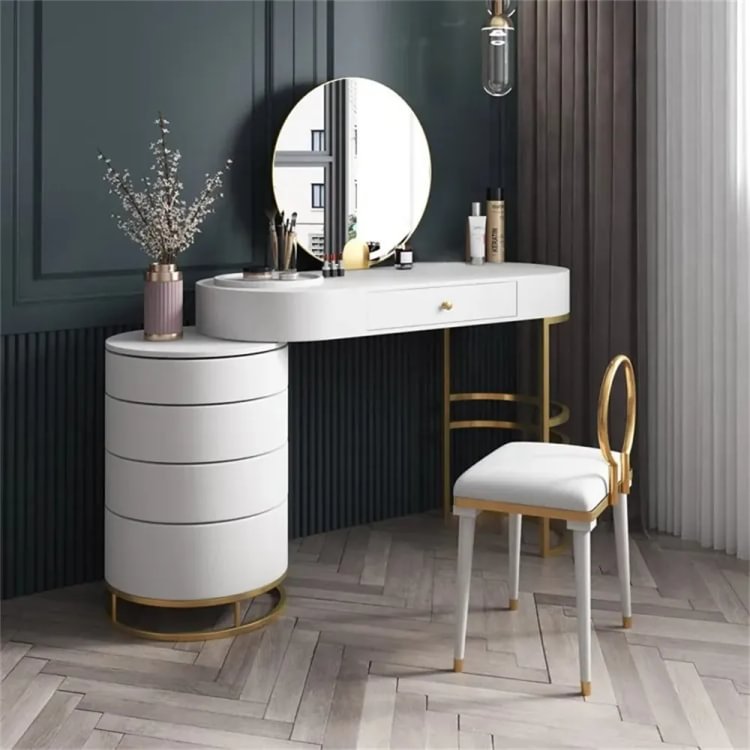 Homemys White Makeup Vanity Dresser Table with Swivel Cabinet Mirror & Stool Included