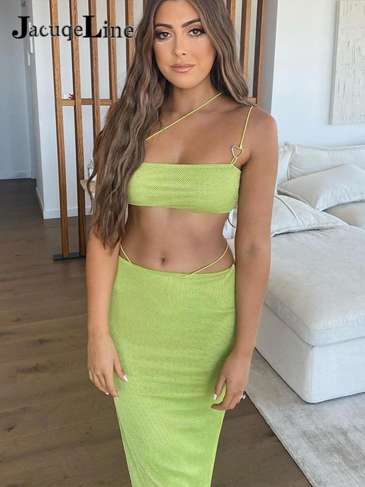 Jacuqeline 2022 Summer Sexy Mesh Beach Dress Sets Women Sleeveless Tube Top And Bodycon Midi Skirts Y2K 2 Piece Set Club Party