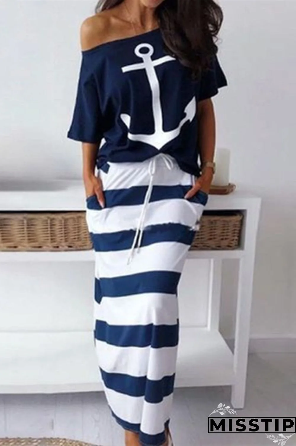 Blue Fashion Casual Print Basic Oblique Collar Half Sleeve Two Pieces