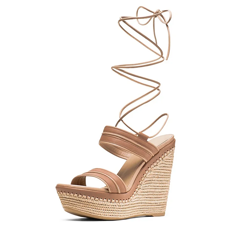 Tan Platform Strappy Wedge Sandals Vdcoo