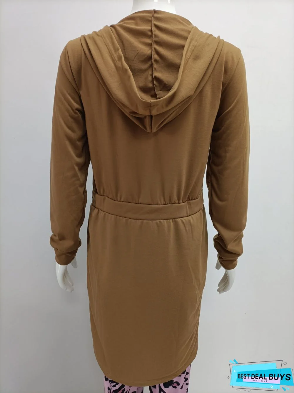 New Women's Solid Color Zipper Long Sleeve Hooded Waist Dress