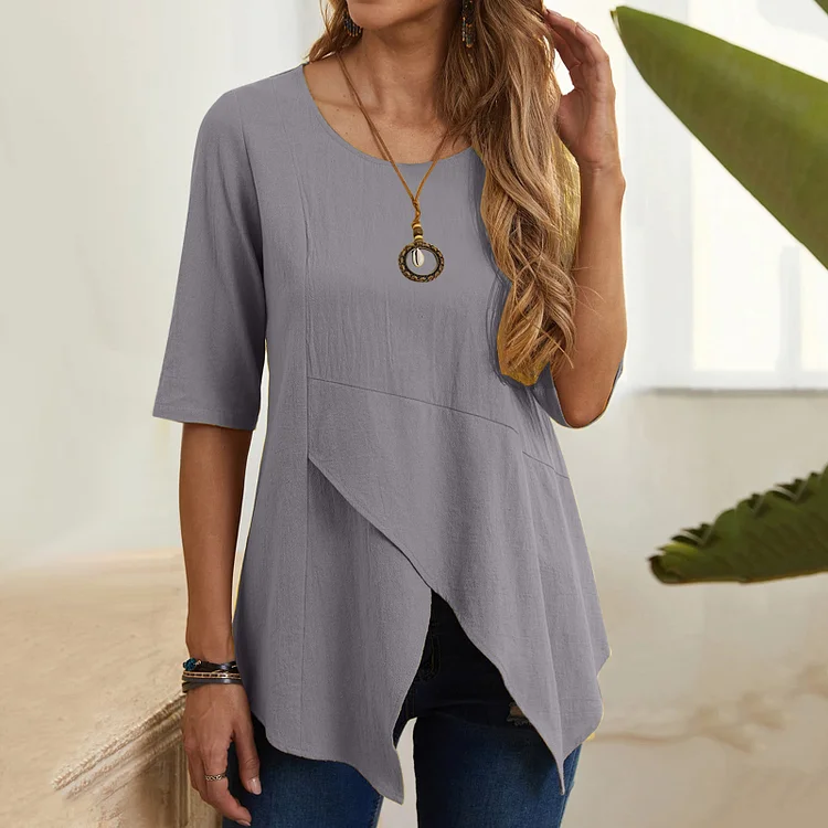 Round Neck Slim-Fit Half Sleeve Cotton Linen Tunic Top VangoghDress