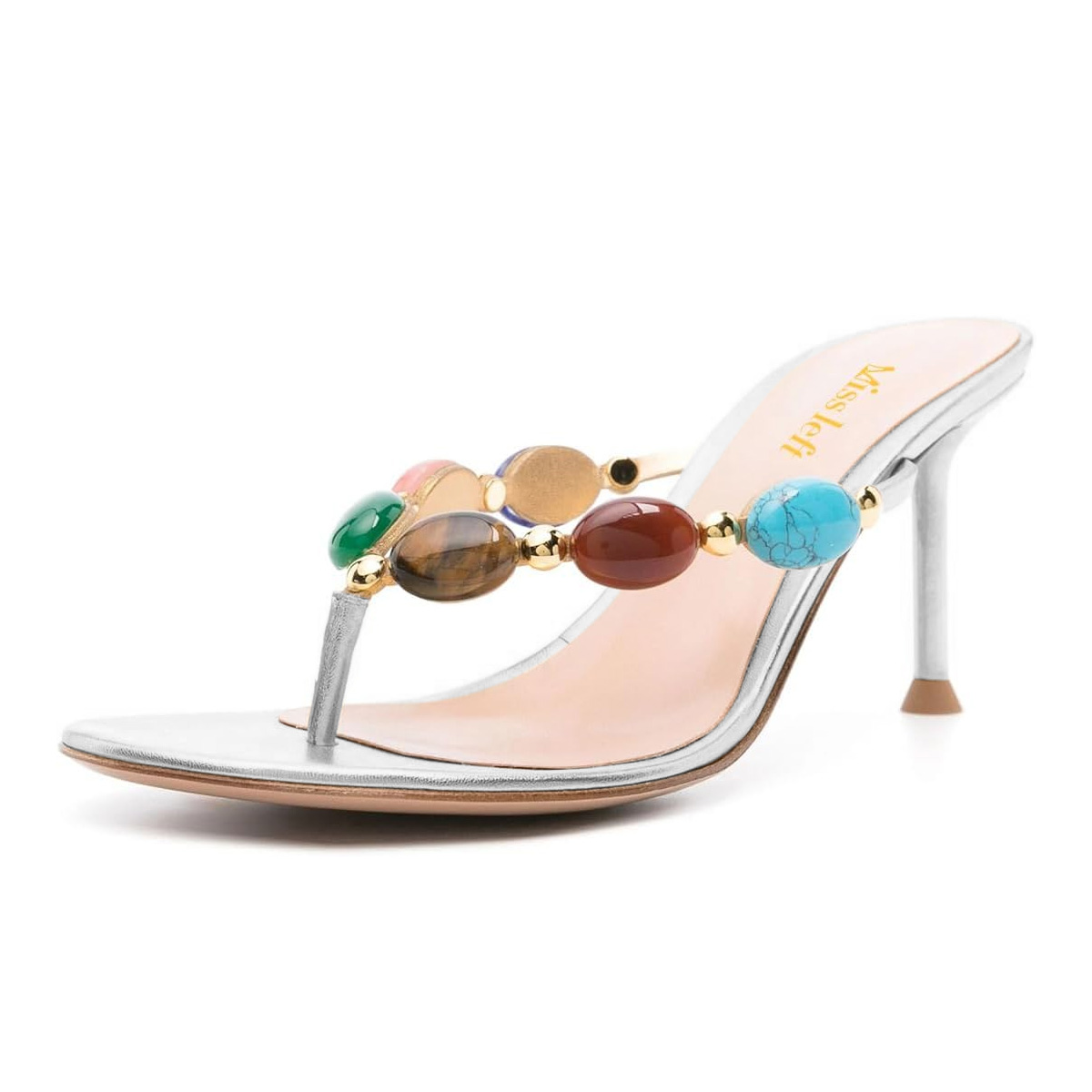 Women's Round Toe Stiletto High Heel Metallic Silver Sandals Nicepairs