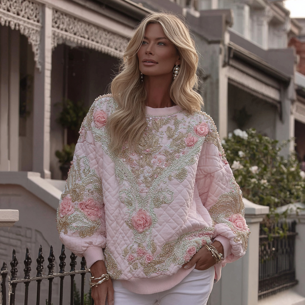 Women's Flower Embroidery Art Crew Neck Sweatshirt