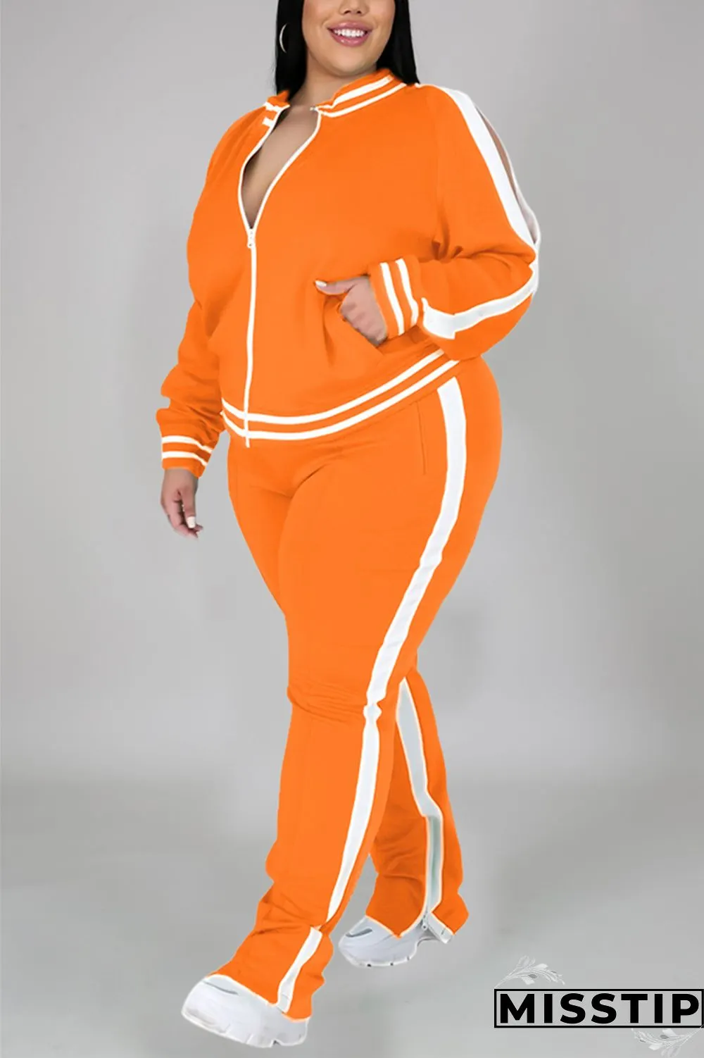 Black Fashion Casual Sportswear Zipper Collar Long Sleeve Regular Sleeve Patchwork Plus Size Set