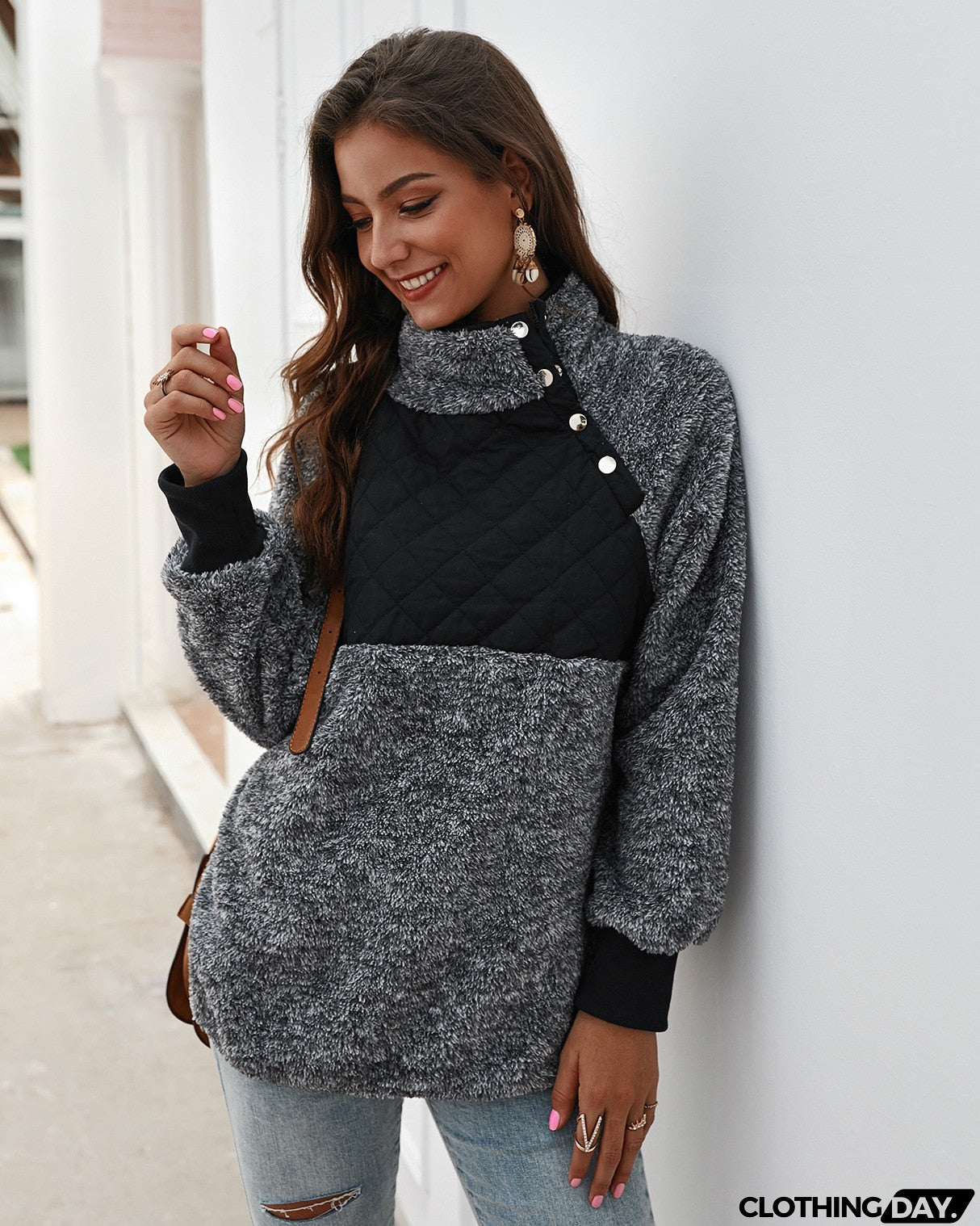 Sweatshirts Women Long Sleeve Patchwork Color Fahsion Autumn Winter Pullover Black Ladies Plush Warm Tops Clothing