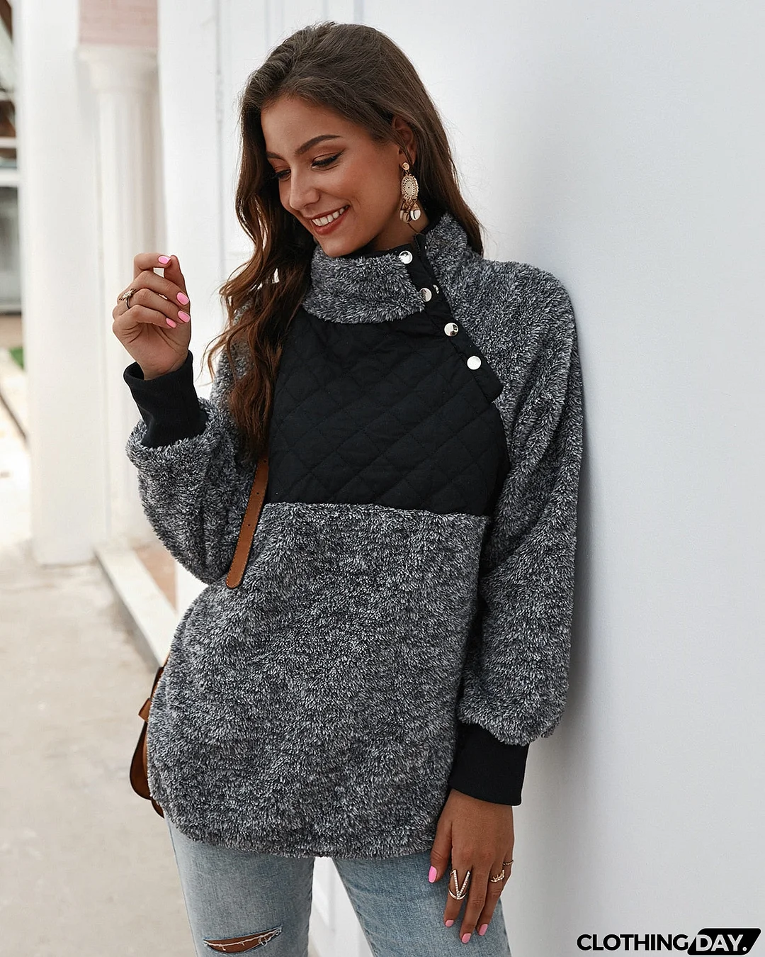 Sweatshirts Women Long Sleeve Patchwork Color Fahsion Autumn Winter Pullover Black Ladies Plush Warm Tops Clothing