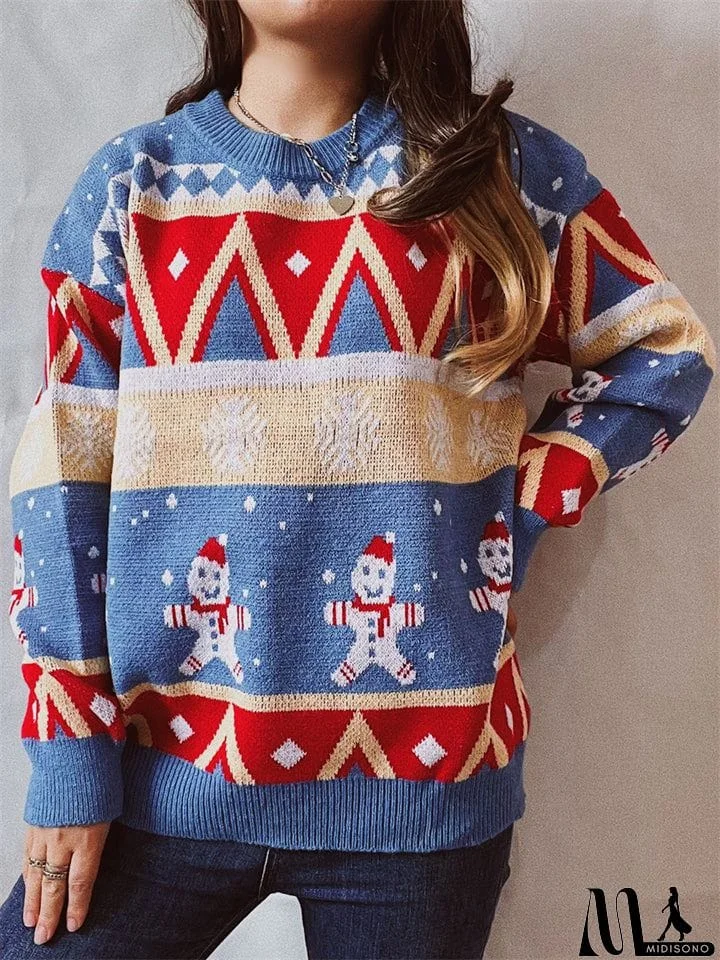 MidiSono - Winter Christmas Style Lovely Cartoon Snowman Print Pullover Wool Sweater for Women