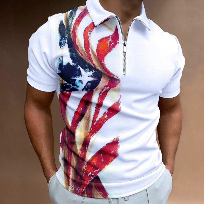 Men's Independence Day printed short sleeved zippered polo shirt PLUSCLOTHESMAN