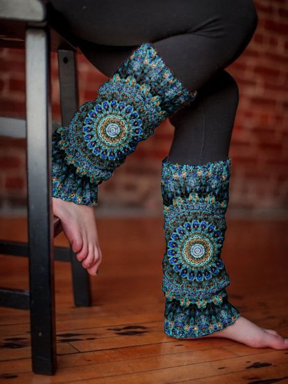 Retro floral print knit leg warmers boot cuffs