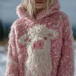 Cute Fuzzy Cow Embroidered Cozy Hooded Sweater - Image 2