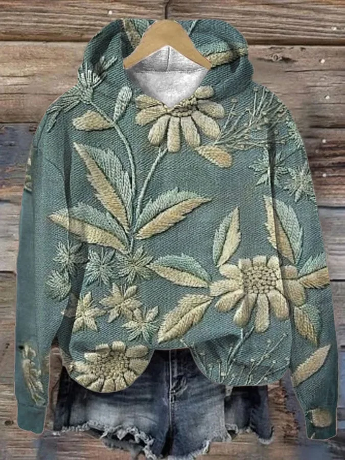 Women's Elegant Three-dimensional Floral Print Hooded Sweatshirt
