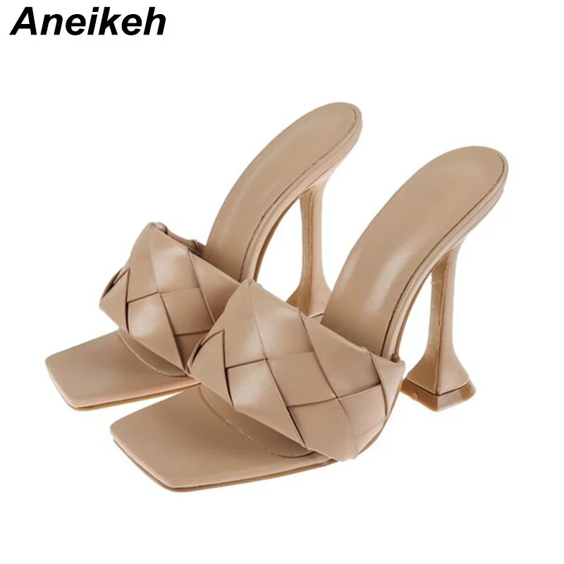 Aneikeh NEW Sexy PU Woven Fabric Women Mules Summer Head Peep Toe Hoof Heels Fashion Slip On Slides Ladies Party Pumps Shoe 42