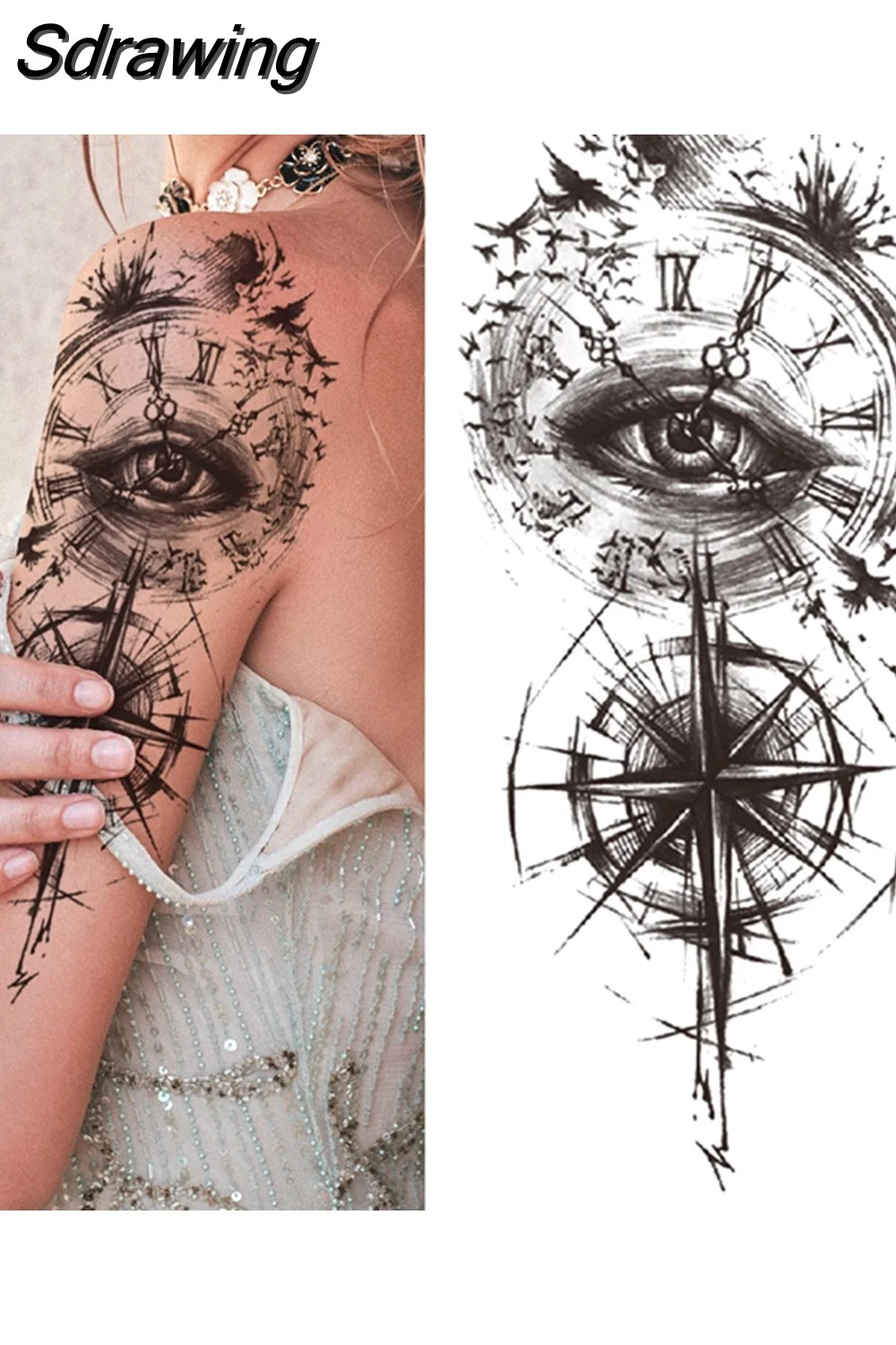 Sdrawing Fake Peony Temporary Tattoos For Women Girl Black Rose Elephant Flower Tattoo Sticker Tiger Anemone Tatoos Half Sleeve 521-1