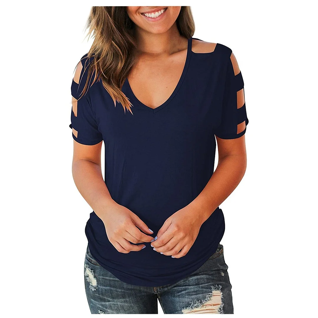 Summer Fashion Sexy Solid Hollow Out Blouse Casual Loose V-Neck Ladies Tee Tops Female Women's Short Sleeve Blusas Pullover
