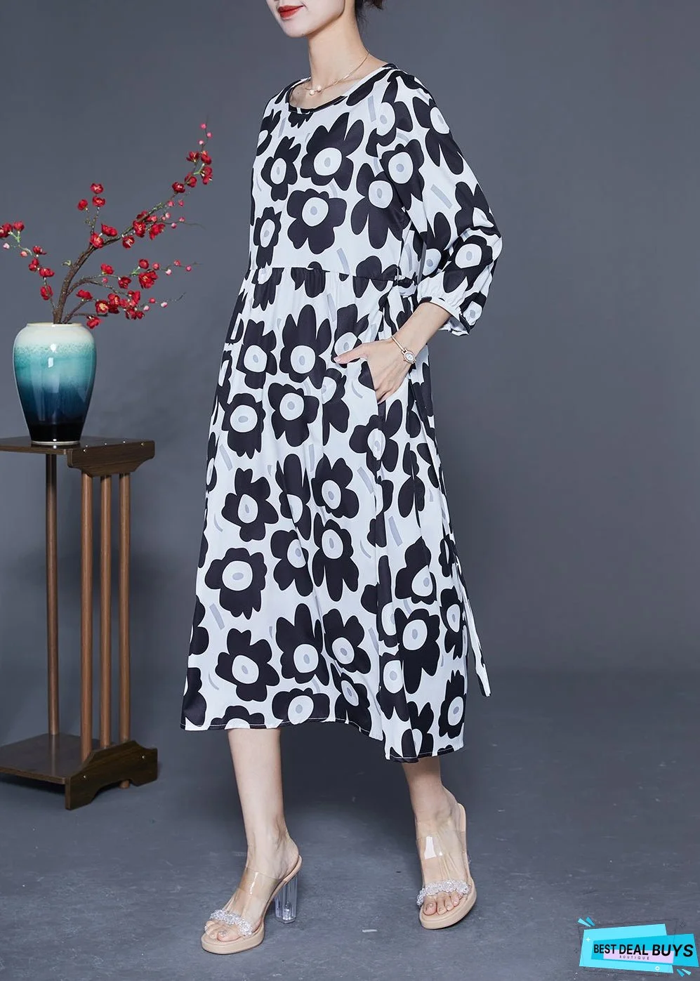 Unique Black O-Neck Sunflower Print Silk Dresses Bracelet Sleeve