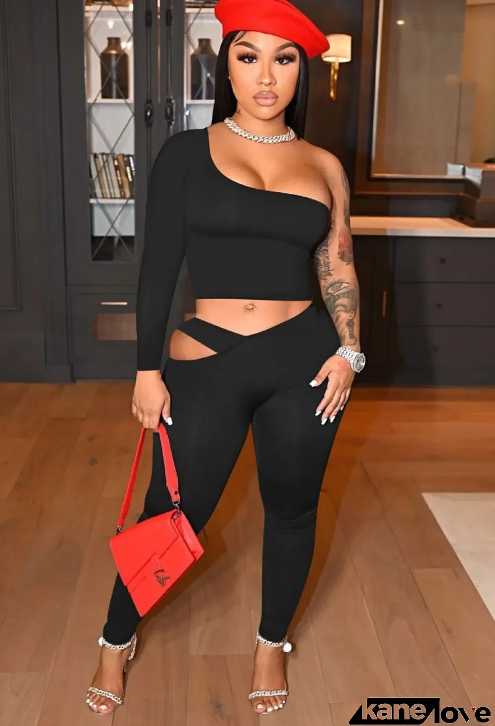 Fall Sexy Black One Shoulder Crop Top and Cutout Tight Pants Set