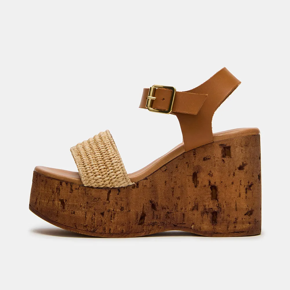 Tan & Beige Ankle Strap Open Toe Wedge Sandals with Platform