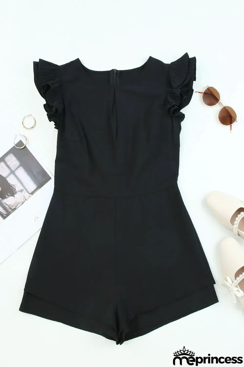Black Ruffle Sleeves Solid Romper